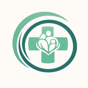 Logo gabinetu: rodzina wpisana w krzyż lekarski otoczony łukami